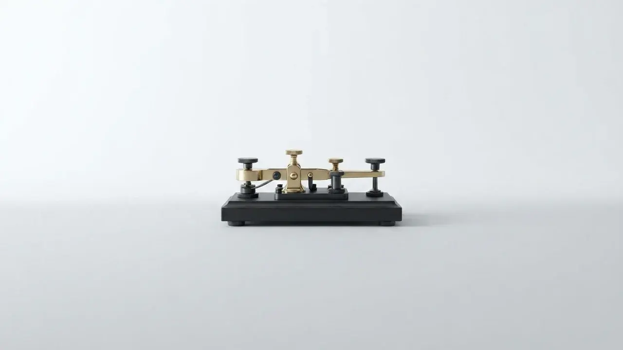 A brass telegraph key on a black base, the device operators used to send Morse code throughout the 19th and 20th centuries