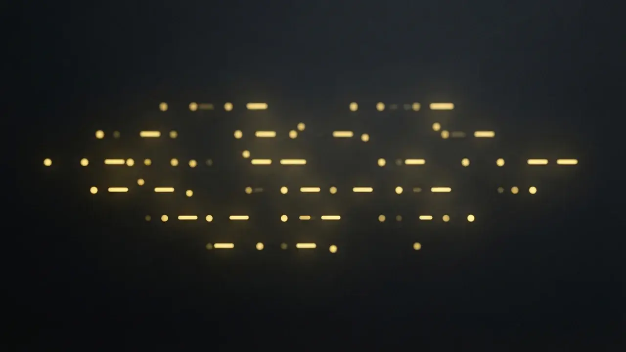 Glowing yellow Morse code dots and dashes on a dark background illustrating what Morse code is